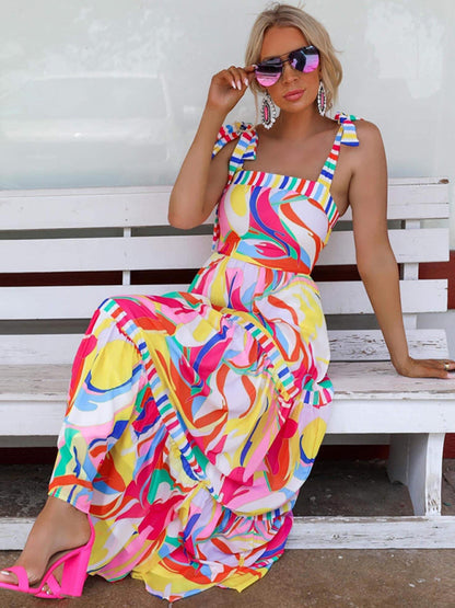 Bohemian Print Sling Paneled Swing Maxi Dress