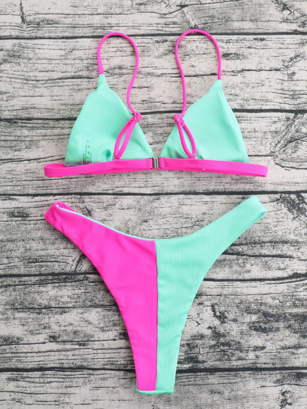 Light Green & Pink Contrast V-bottom Bikini Swimsuit