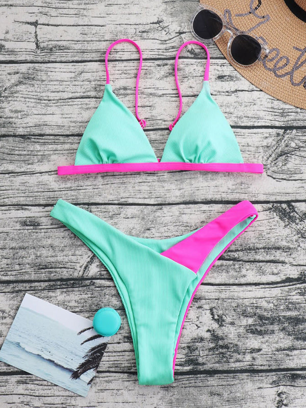 Light Green & Pink Contrast V-bottom Bikini Swimsuit