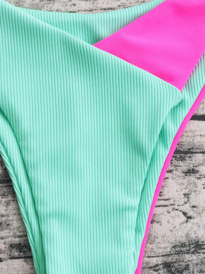 Light Green & Pink Contrast V-bottom Bikini Swimsuit