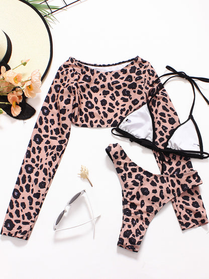 Braided Rope Leopard Print Three-piece Bikini Swimsuit with Long-sleeved Cover Up