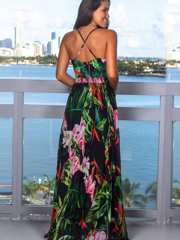 Sling Style Sleeveless Beachy Print Maxi Dress