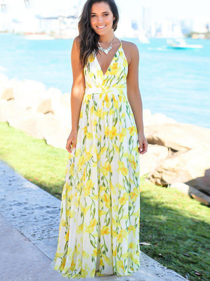 Sling Style Sleeveless Beachy Print Maxi Dress