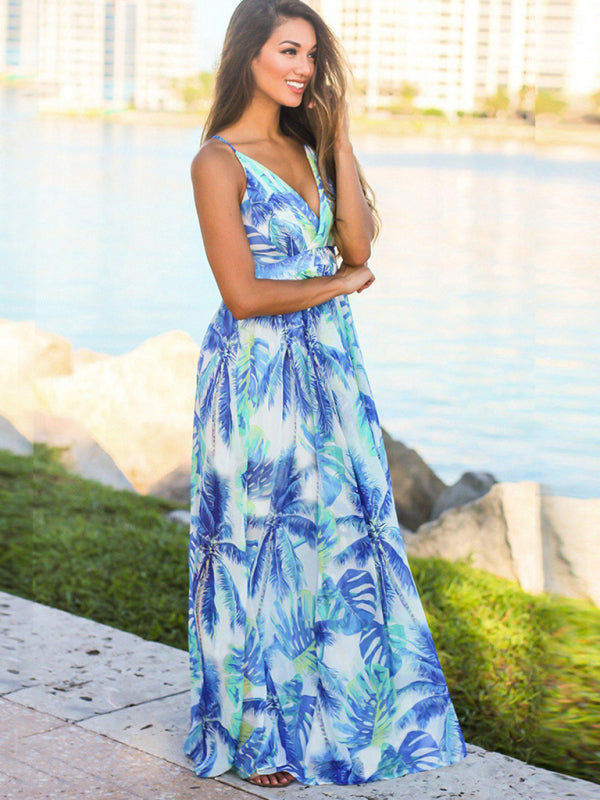 Sling Style Sleeveless Beachy Print Maxi Dress