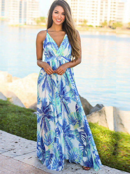 Sling Style Sleeveless Beachy Print Maxi Dress