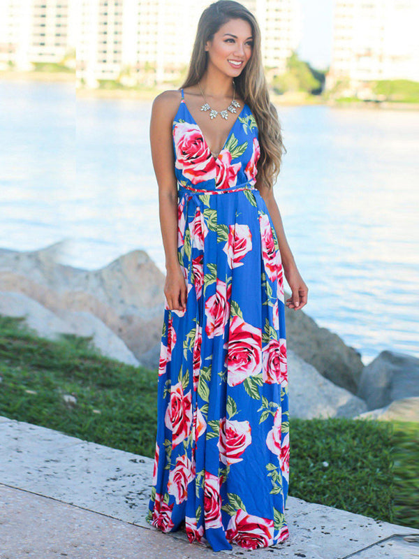 Sling Style Sleeveless Beachy Print Maxi Dress