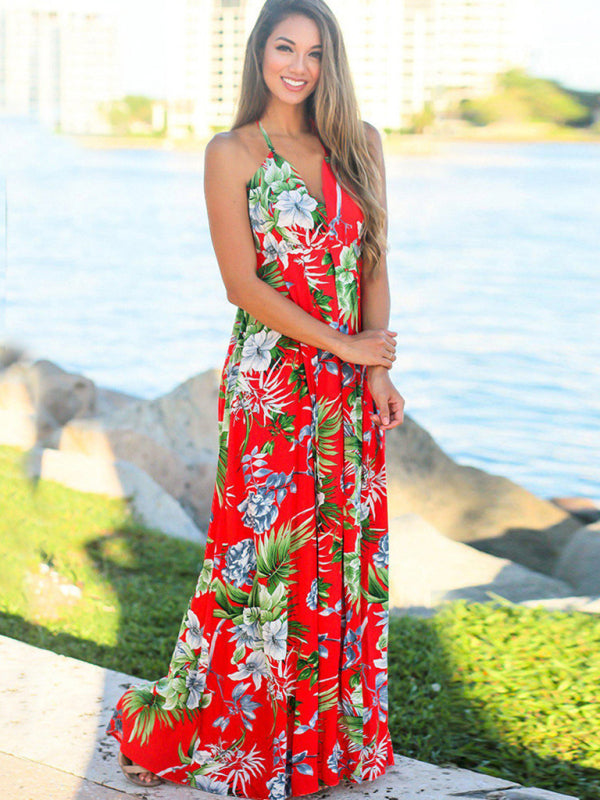 Sling Style Sleeveless Beachy Print Maxi Dress