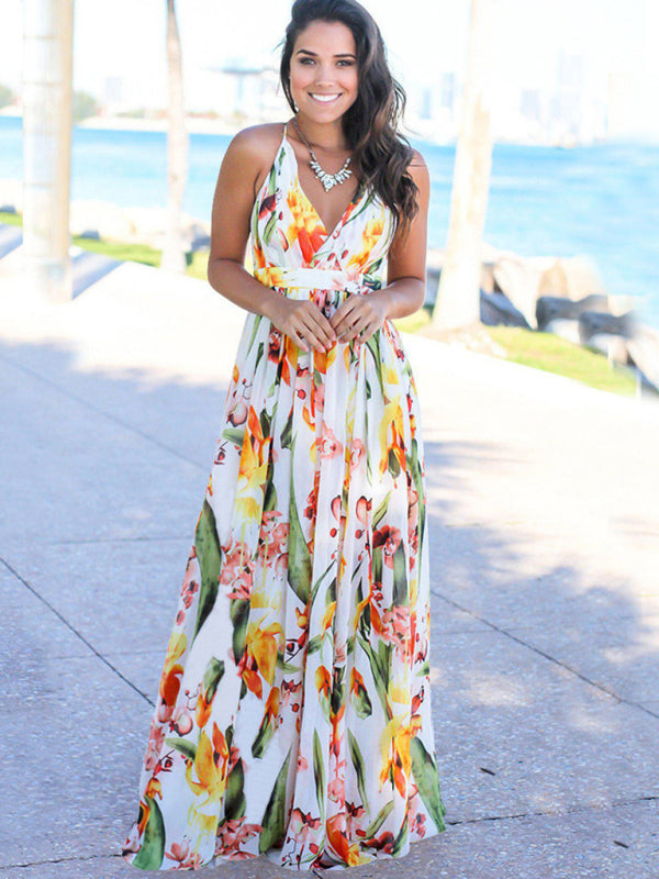 Sling Style Sleeveless Beachy Print Maxi Dress