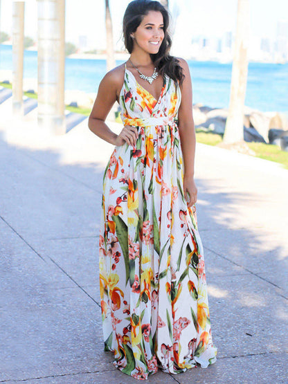 Sling Style Sleeveless Beachy Print Maxi Dress