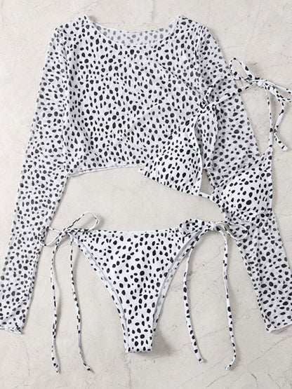 Full Body Print Sexy Bikini with Long Sleeve Mesh Cover Up