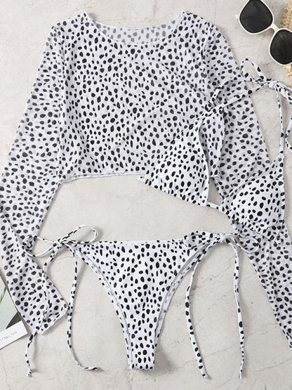 Full Body Print Sexy Bikini with Long Sleeve Mesh Cover Up