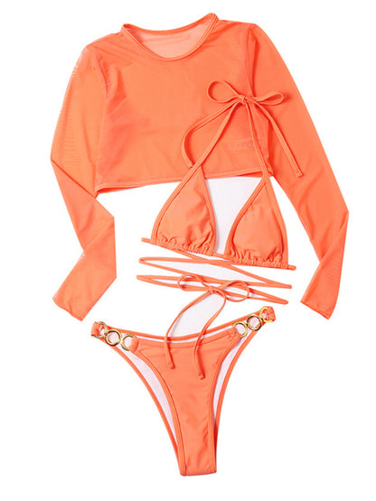 Solid Color Sexy Strappy Bikini with Long-sleeved Mesh Cover Up