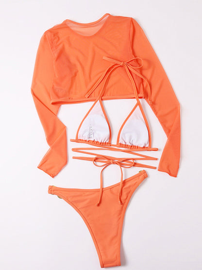 Solid Color Sexy Strappy Bikini with Long-sleeved Mesh Cover Up