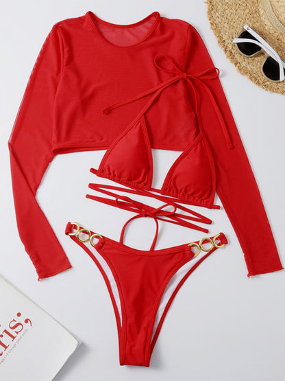 Solid Color Sexy Strappy Bikini with Long-sleeved Mesh Cover Up