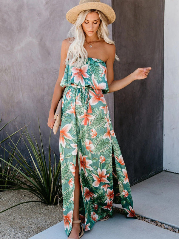 Tropical Rainforest Print One-shoulder Ruffled Slit Maxi Dress