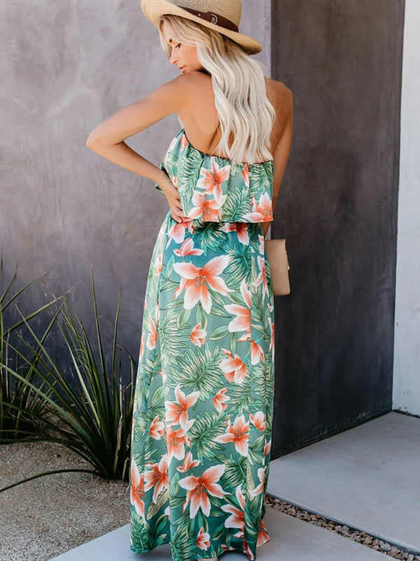 Tropical Rainforest Print One-shoulder Ruffled Slit Maxi Dress