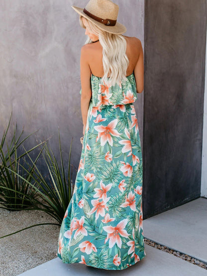 Tropical Rainforest Print One-shoulder Ruffled Slit Maxi Dress