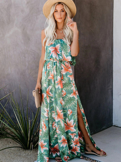 Tropical Rainforest Print One-shoulder Ruffled Slit Maxi Dress