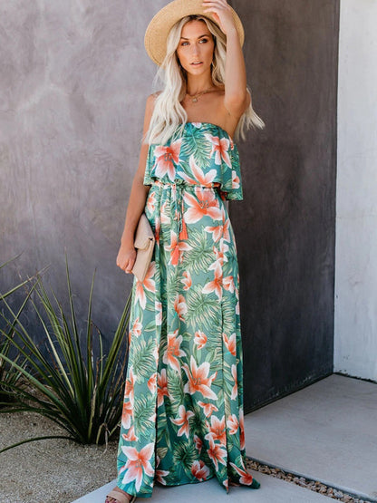 Tropical Rainforest Print One-shoulder Ruffled Slit Maxi Dress