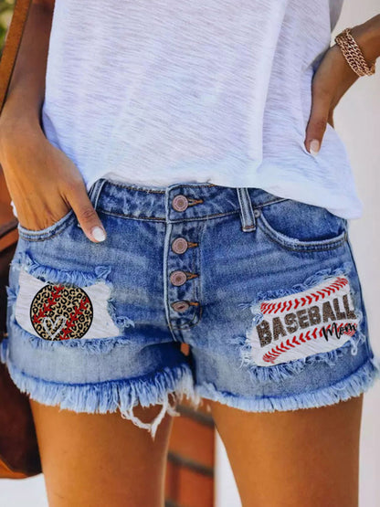 Button-breasted Printed Patch Denim Shorts with Ripped Fringe