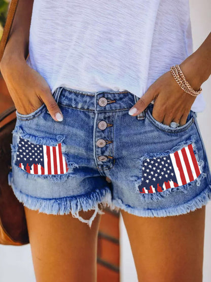 Button-breasted Printed Patch Denim Shorts with Ripped Fringe