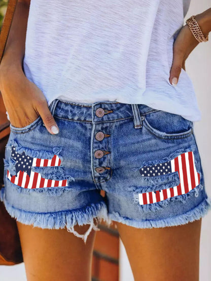 Button-breasted Printed Patch Denim Shorts with Ripped Fringe