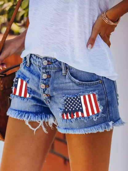 Button-breasted Printed Patch Denim Shorts with Ripped Fringe