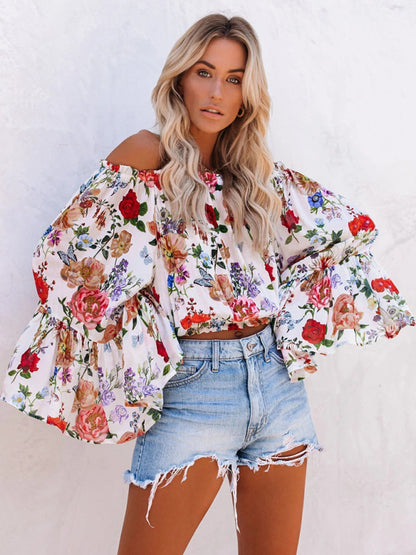 Floral Off-shoulder Bell Sleeve Sexy Blouse