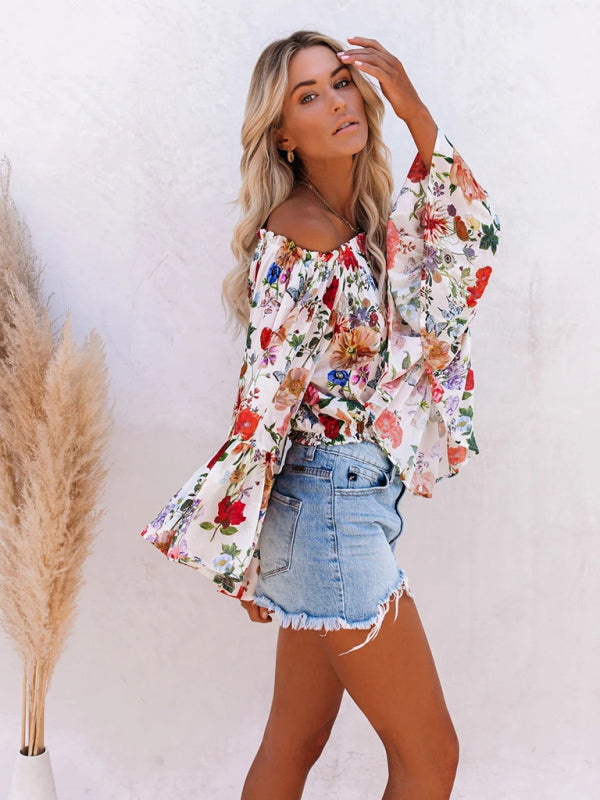 Floral Off-shoulder Bell Sleeve Sexy Blouse