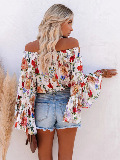 Floral Off-shoulder Bell Sleeve Sexy Blouse