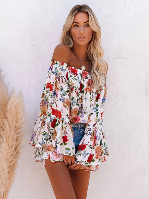 Floral Off-shoulder Bell Sleeve Sexy Blouse