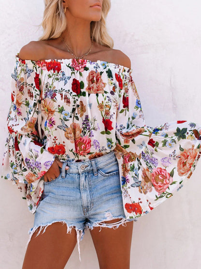 Floral Off-shoulder Bell Sleeve Sexy Blouse