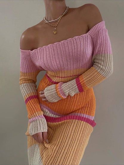 Off-shoulder Hollow Knitted Striped Long-sleeve Maxi Dress