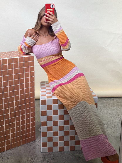 Off-shoulder Hollow Knitted Striped Long-sleeve Maxi Dress