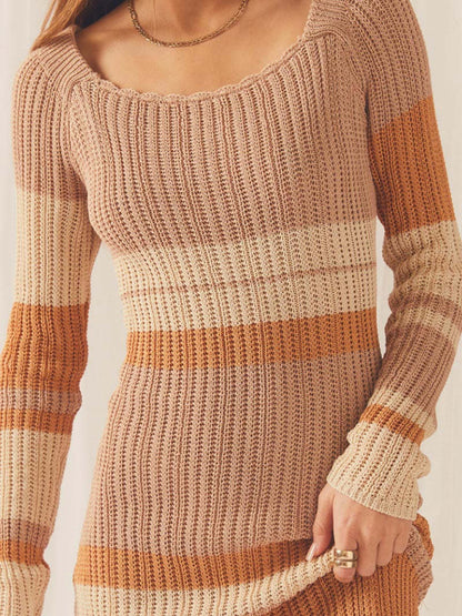 Off-shoulder Hollow Knitted Striped Long-sleeve Maxi Dress