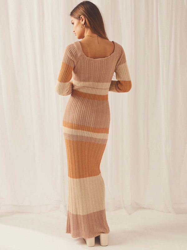 Off-shoulder Hollow Knitted Striped Long-sleeve Maxi Dress