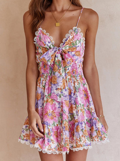 Chest Knotted Printed Backless Waist Sling Mini Dress