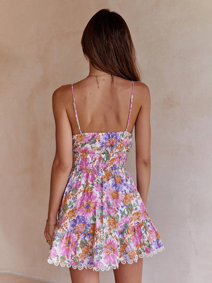 Chest Knotted Printed Backless Waist Sling Mini Dress