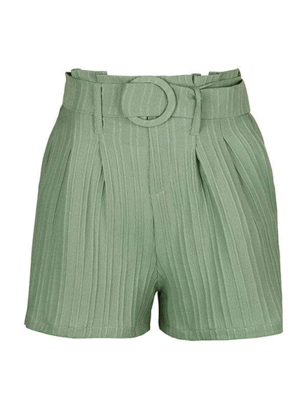 Small Fresh Green Solid Color Pleated Shorts