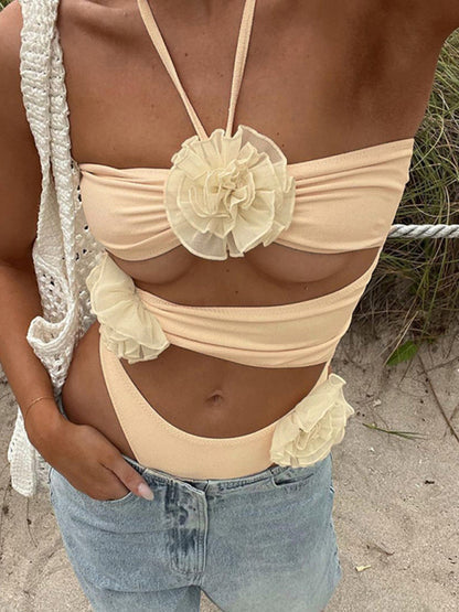 Backless Three-dimensional Flower Design Halter Neck Bodysuit