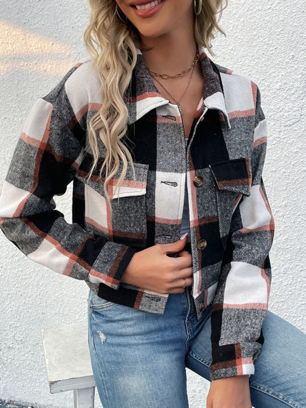 Plaid Pattern Woven Cropped Jacket