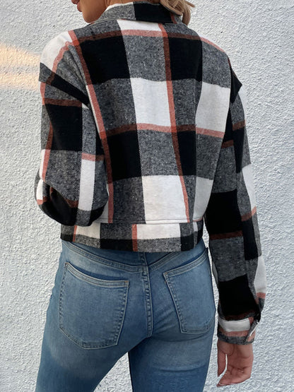 Plaid Pattern Woven Cropped Jacket