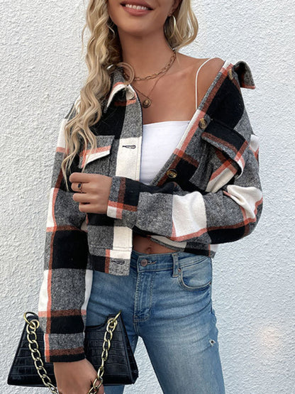 Plaid Pattern Woven Cropped Jacket