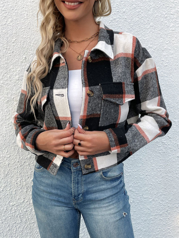 Plaid Pattern Woven Cropped Jacket