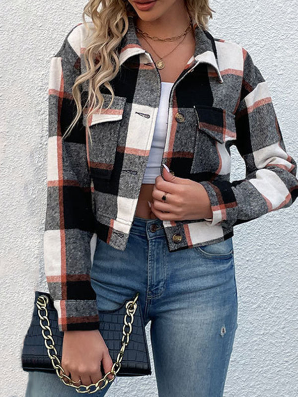 Plaid Pattern Woven Cropped Jacket