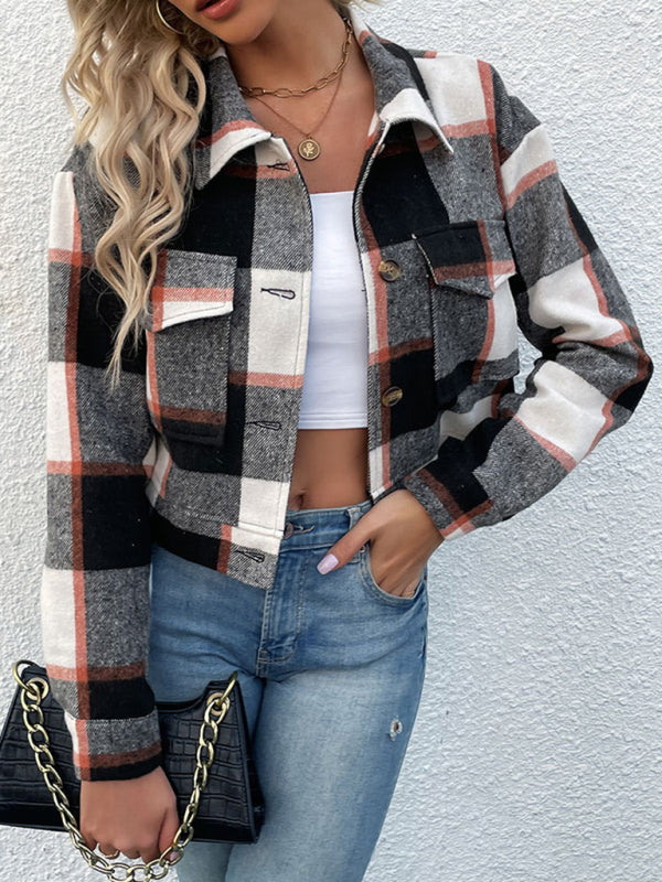 Plaid Pattern Woven Cropped Jacket