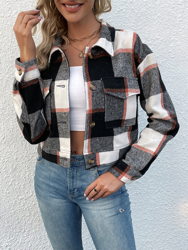 Plaid Pattern Woven Cropped Jacket