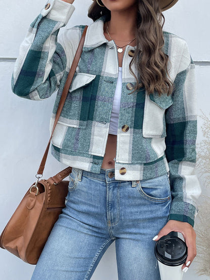 Plaid Pattern Woven Cropped Jacket