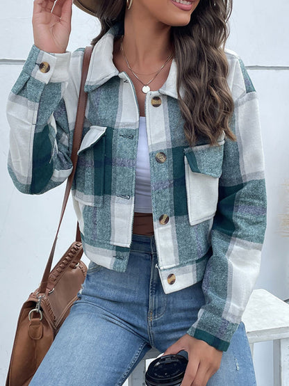 Plaid Pattern Woven Cropped Jacket