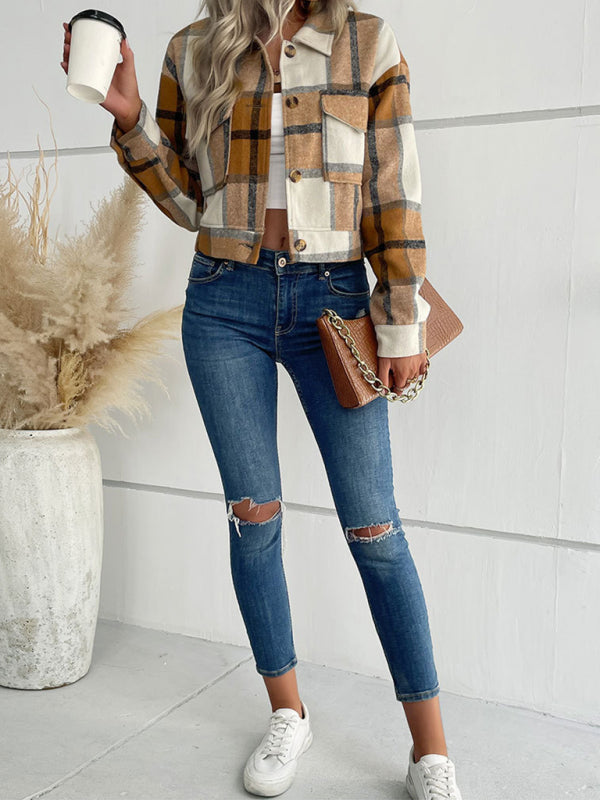 Plaid Pattern Woven Cropped Jacket